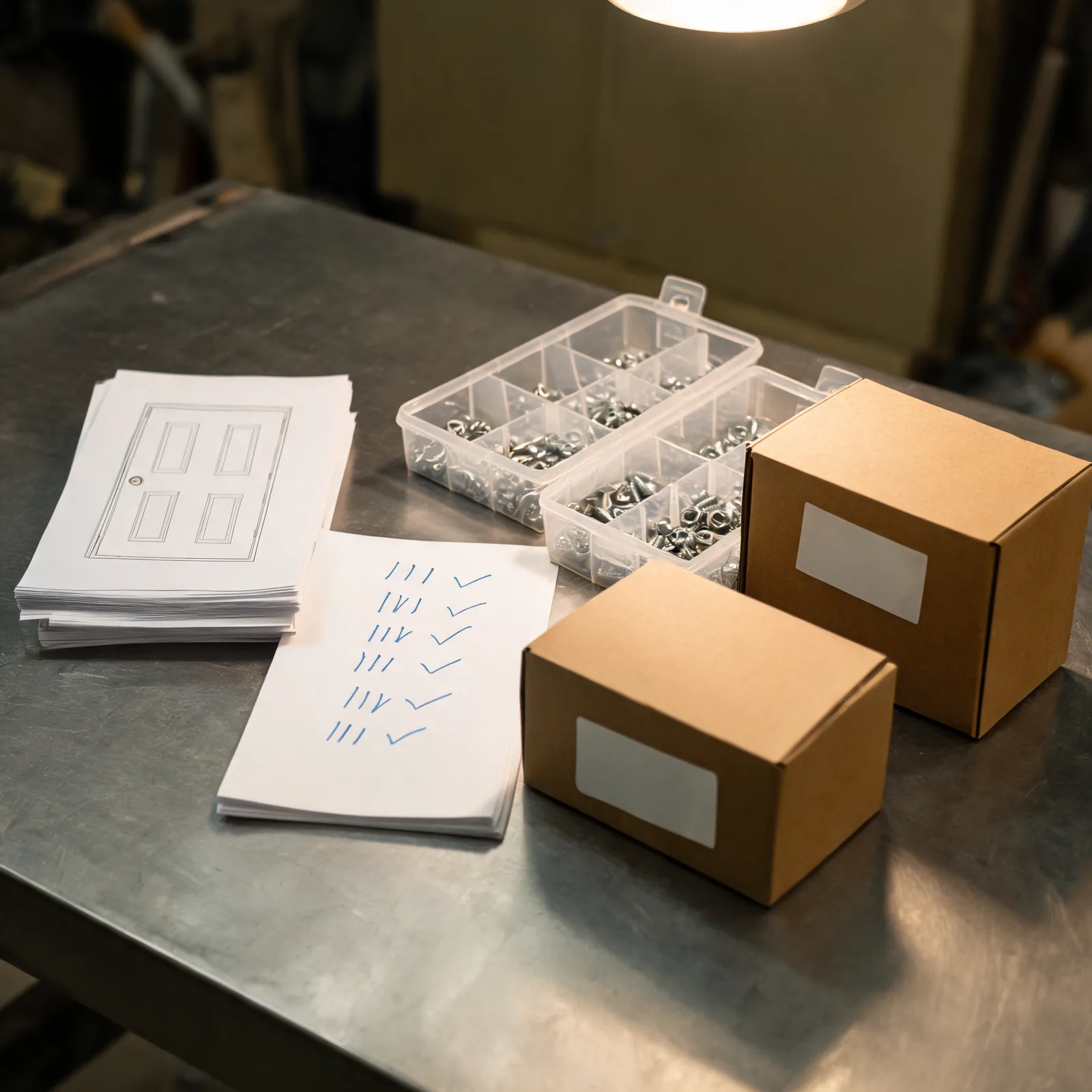 A hardware wholesale order review with door schedules, fastener boxes, and a marked counting sheet on a steel table.