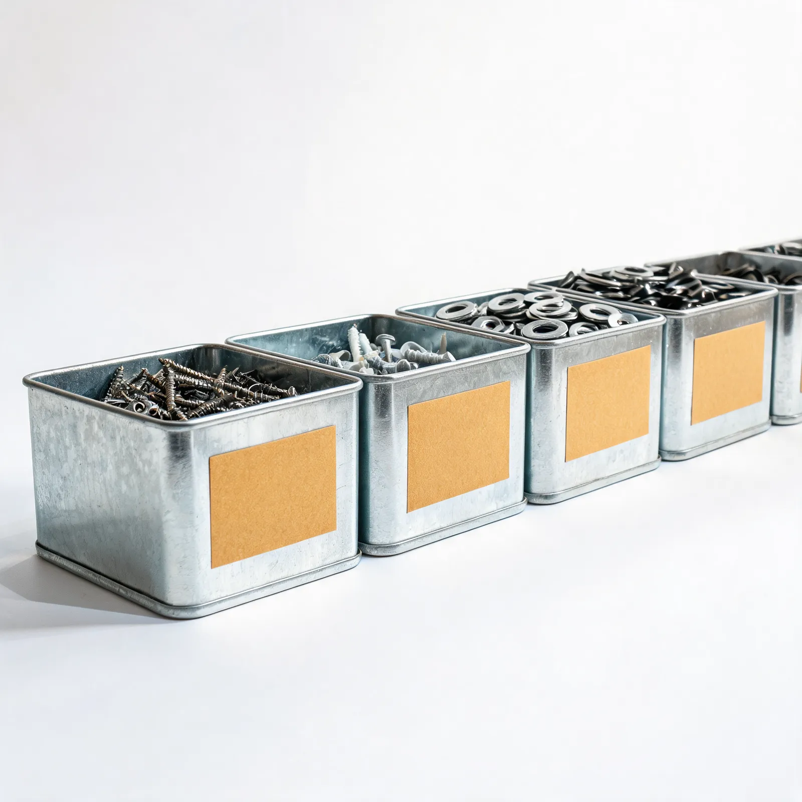Ochre-labeled hardware bins filled with screws, anchors, and trade counter replenishment tags.