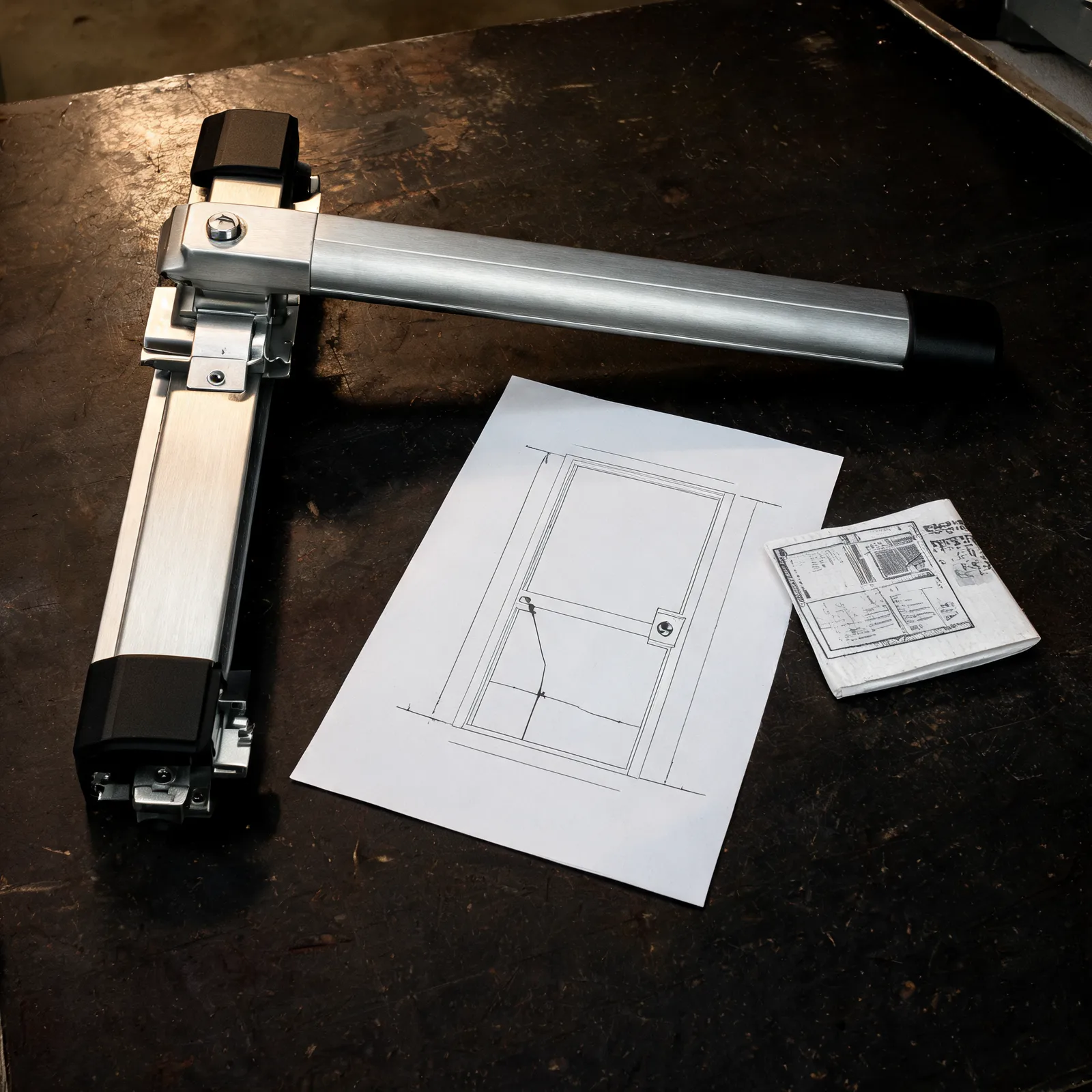 A brushed steel panic exit device laid beside a door schedule and stamped carton label.