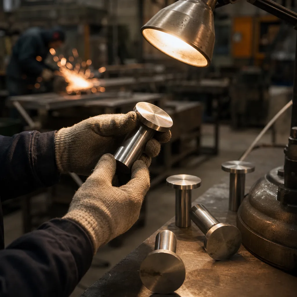Inside a metal fabrication and finishing workshop, a gloved worker inspecting brushed stainless hardware under a task lamp