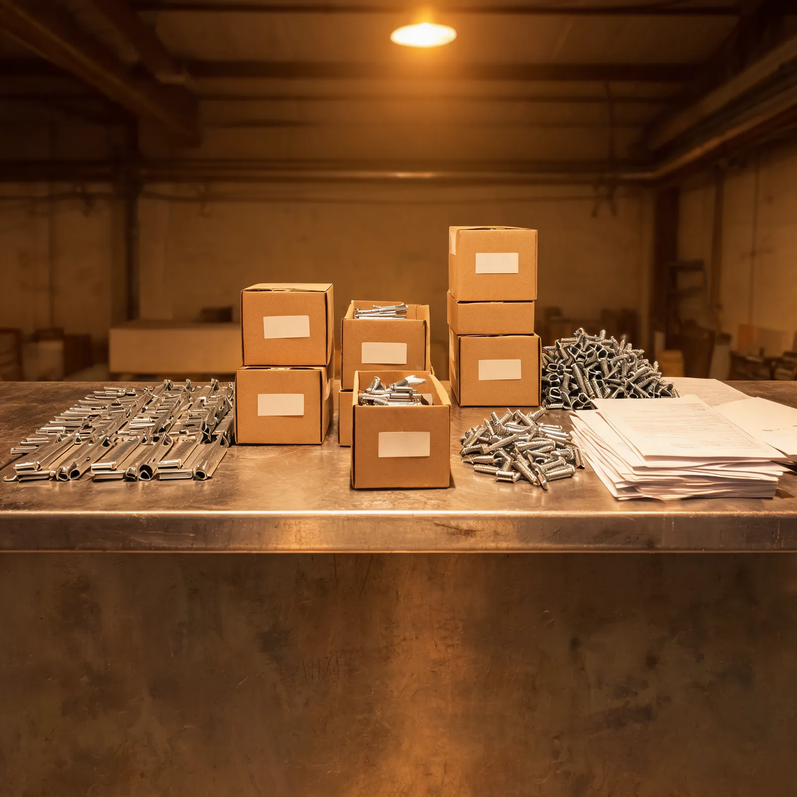 A trade counter covered with organized building hardware, stamped labels, packing lists, and warm warehouse light.