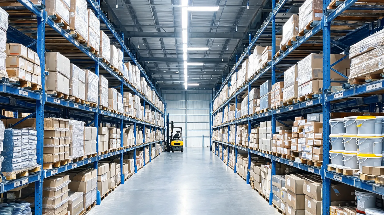Pallets of building hardware staged in a wholesale warehouse aisle