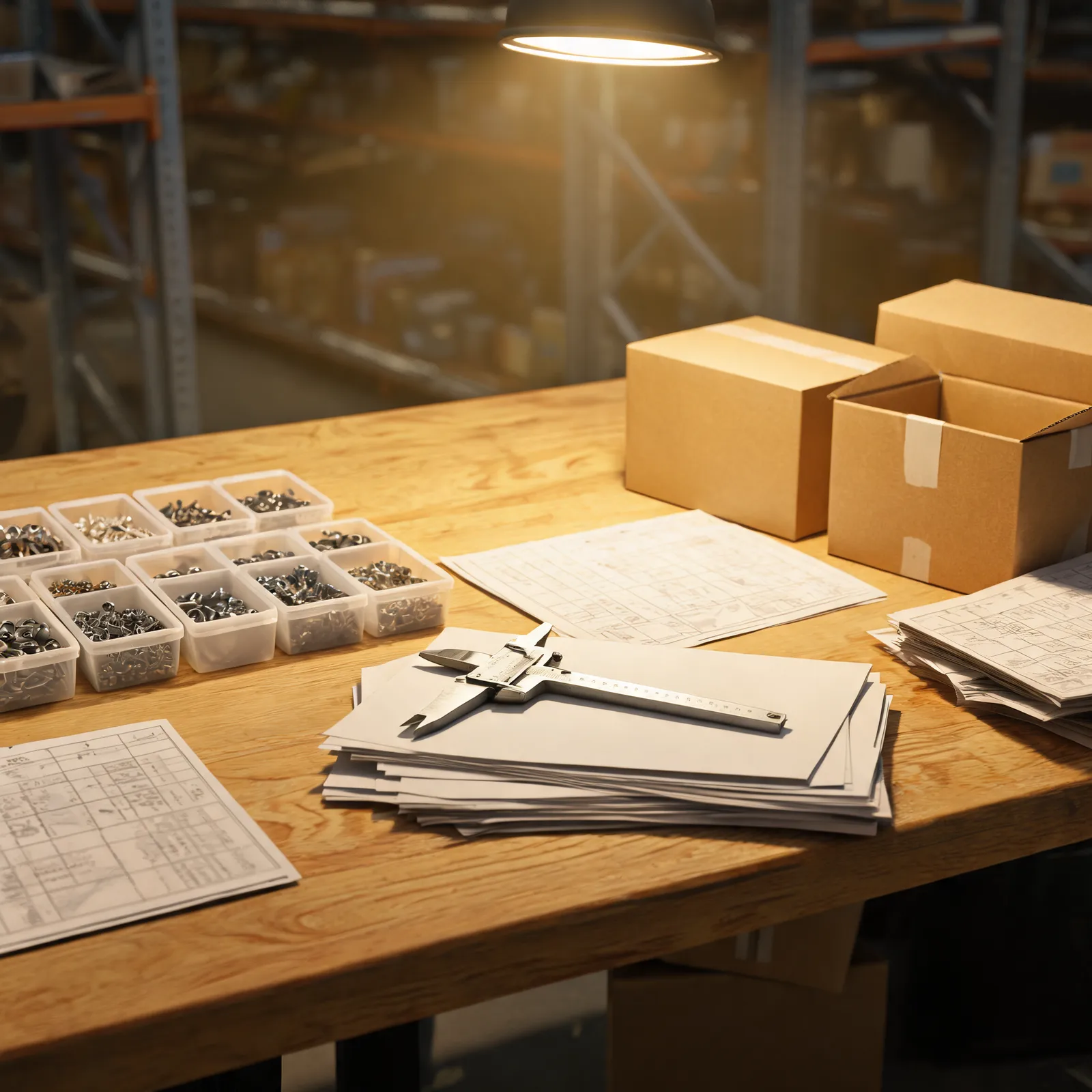 A 123 LLC leadership worktable with hardware schedules, calipers, cartons, and stamped order sheets.
