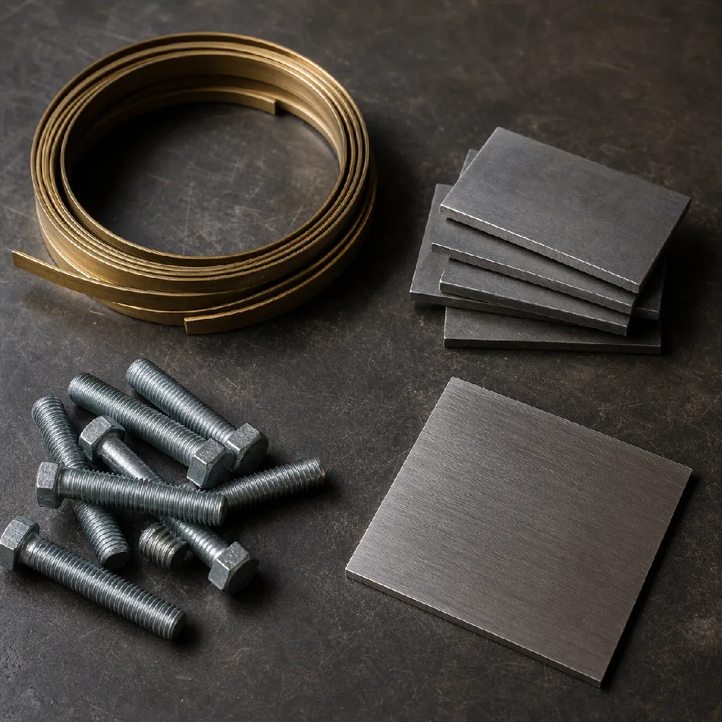 Overhead arrangement of raw building-hardware materials — brass bar, stainless plate offcuts and galvanized bolts — on a dark steel surface