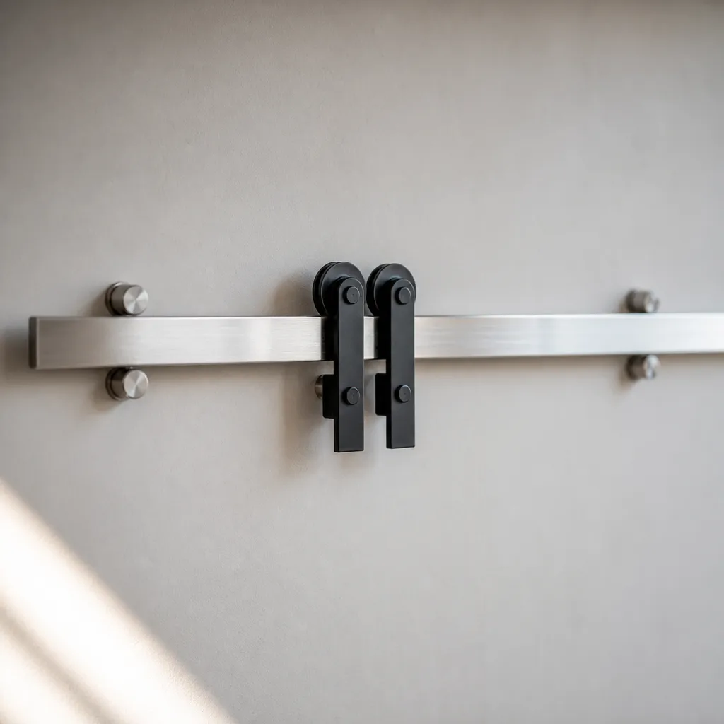 Ridgeline brushed 304 stainless steel barn door track mounted on a plaster wall, straight-on view