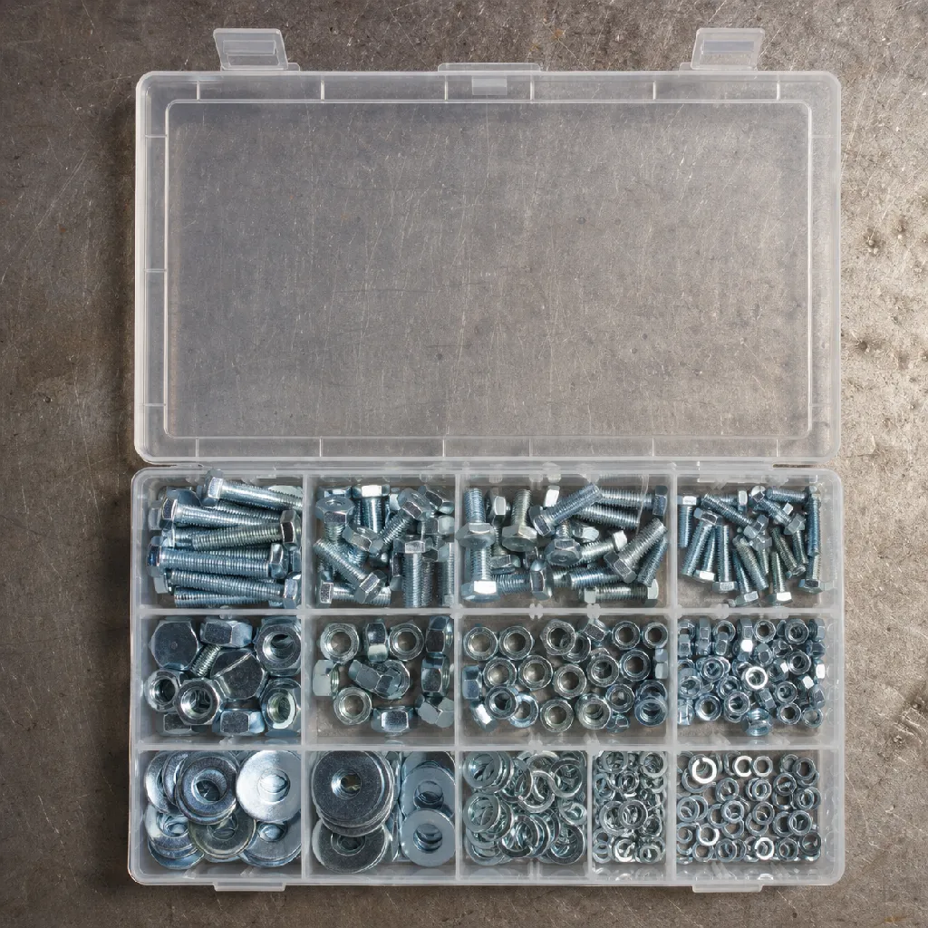 Open organizer case of zinc-plated grade-8 hex bolts, nuts and washers sorted in compartments, top-down view