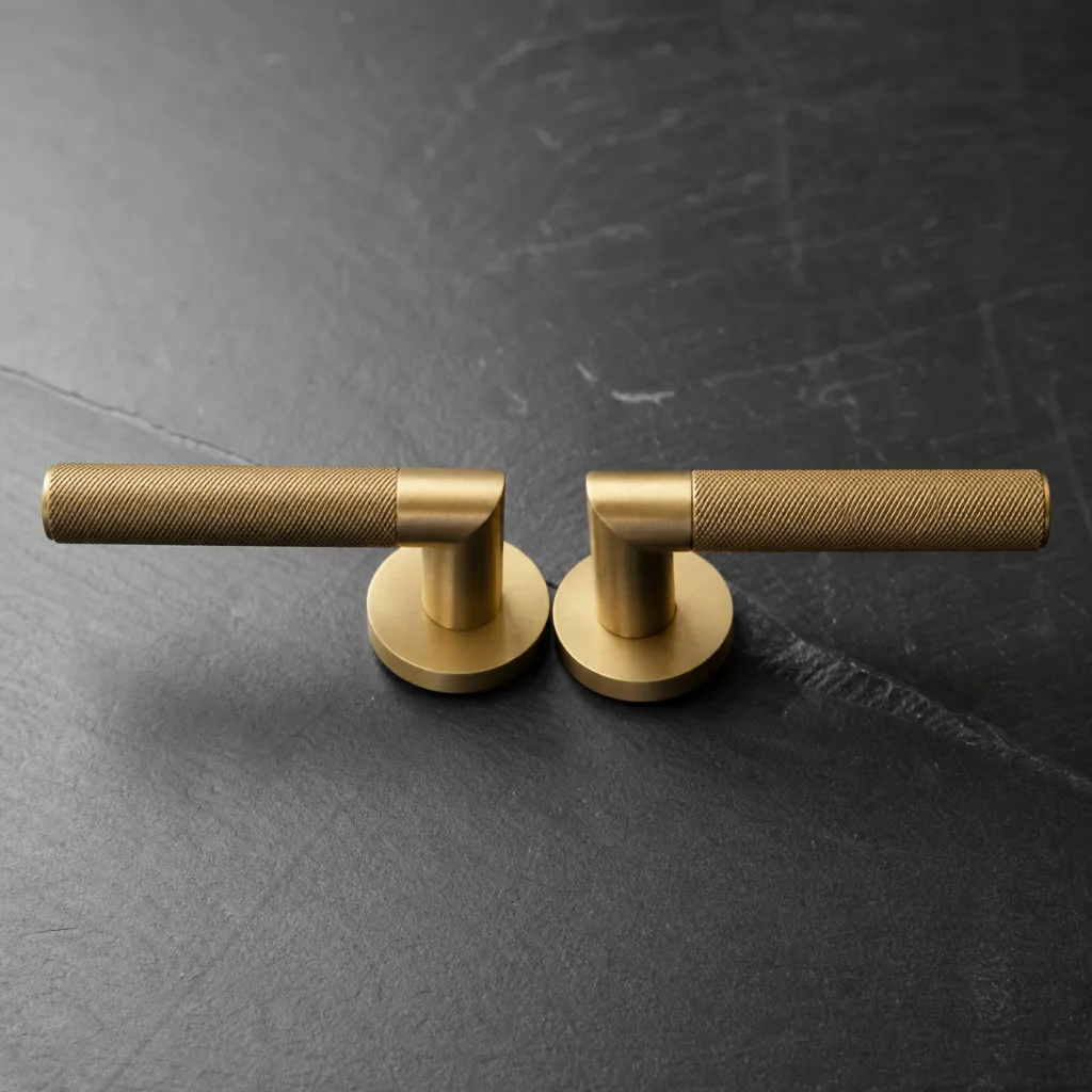 Pair of satin solid brass door levers with knurled grips on round roses, straight-on view