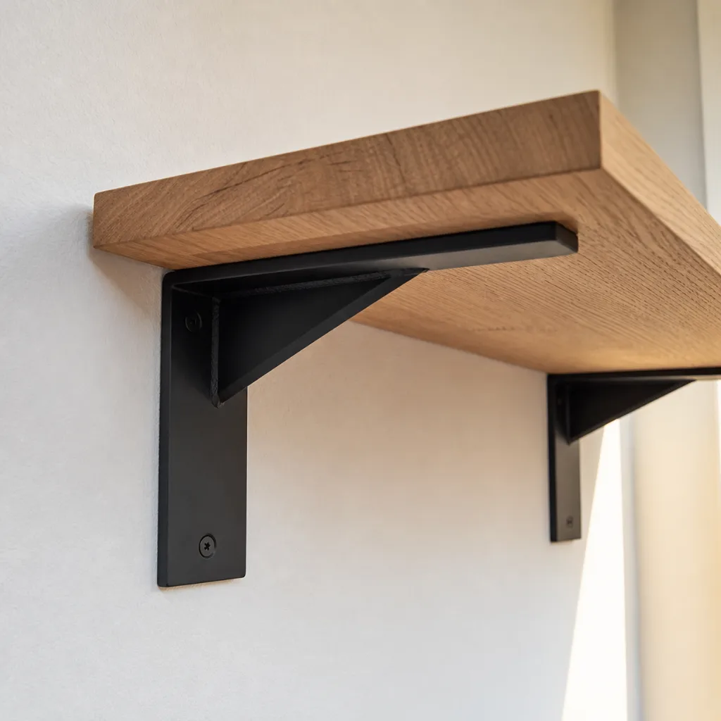 Pair of matte black powder-coated steel cantilever shelf brackets, side profile, straight-on view