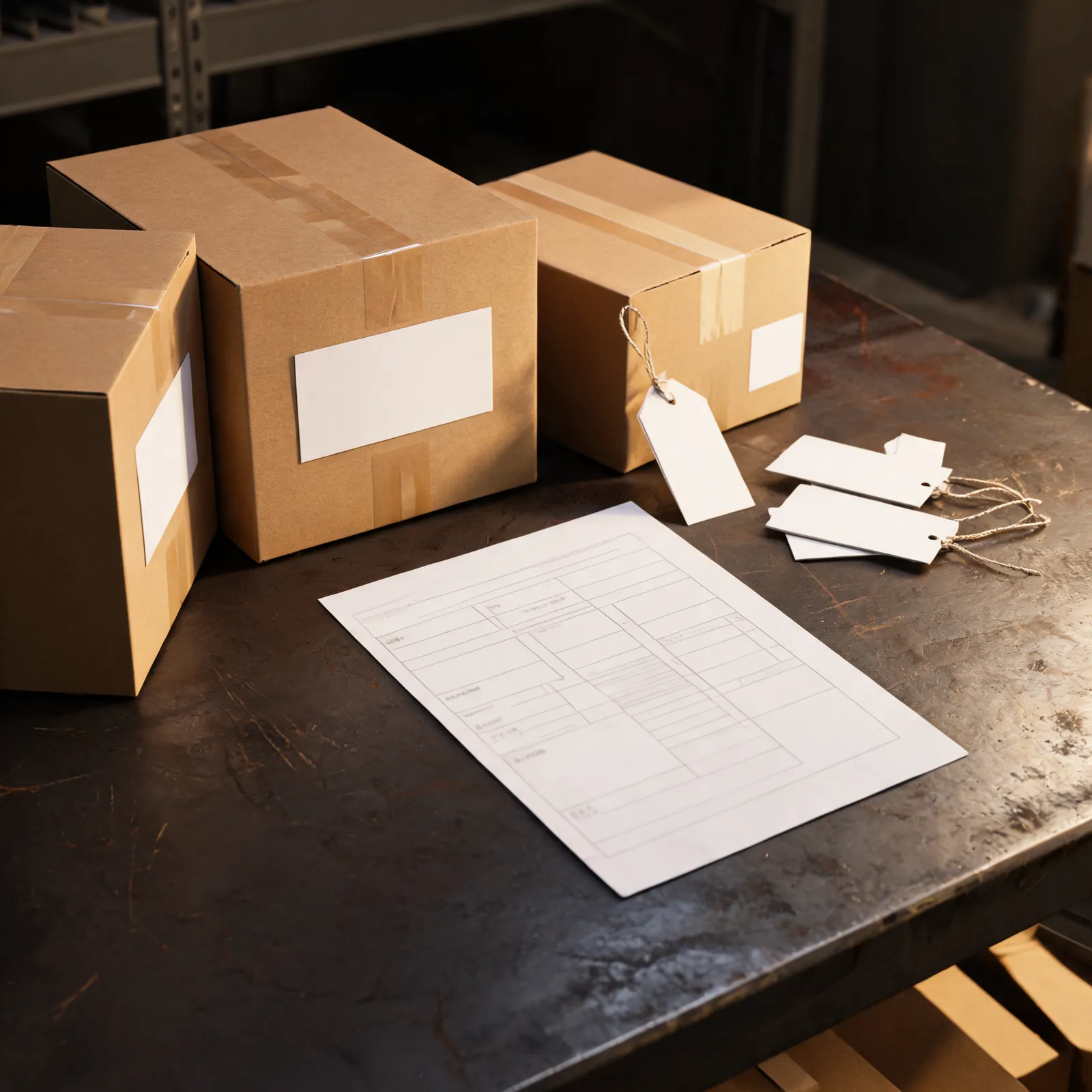 Labeled cartons of building hardware arranged beside a printed order file and freight tags.