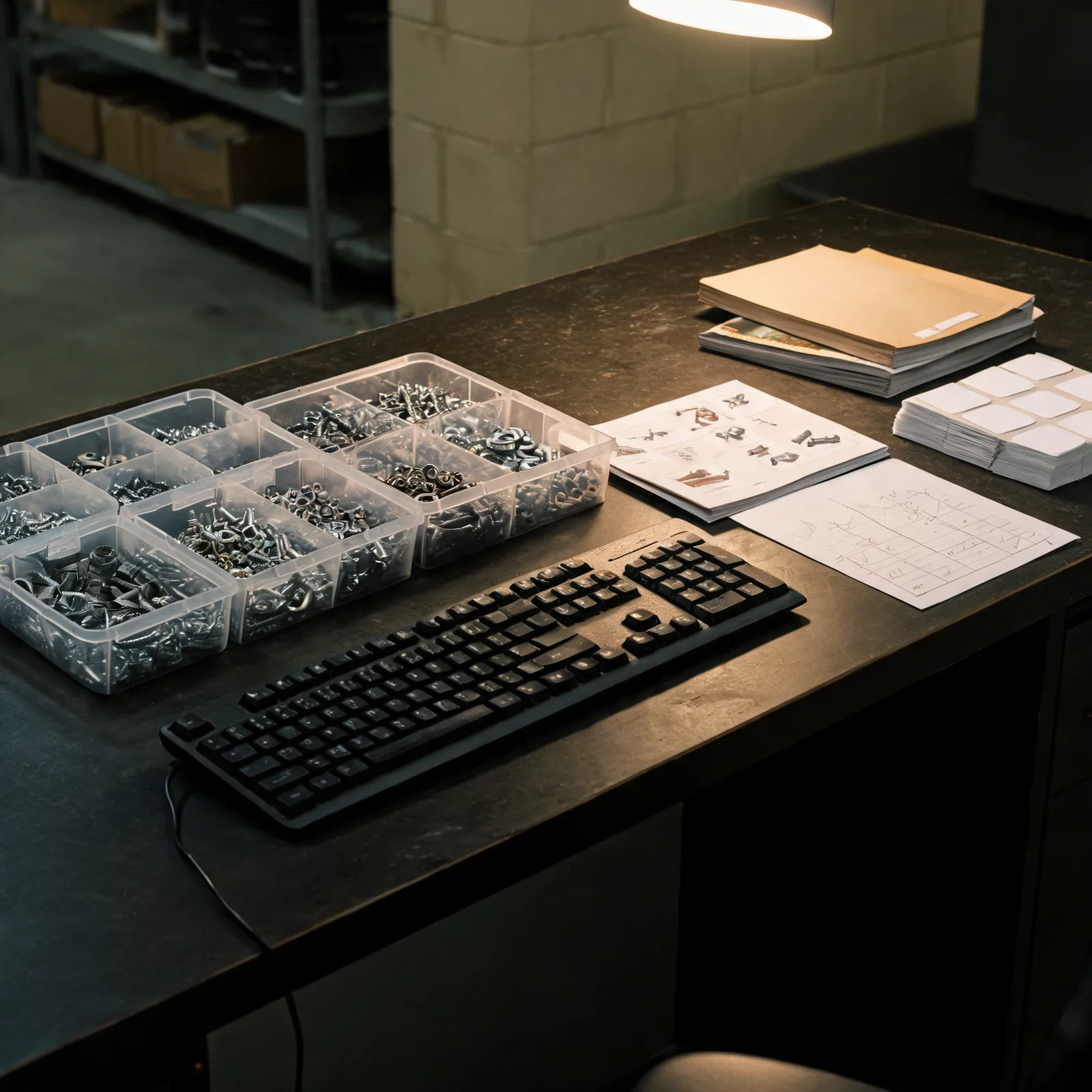 A wholesale quote desk with hardware catalogs, carton labels, a keyboard, and organized fastener trays.