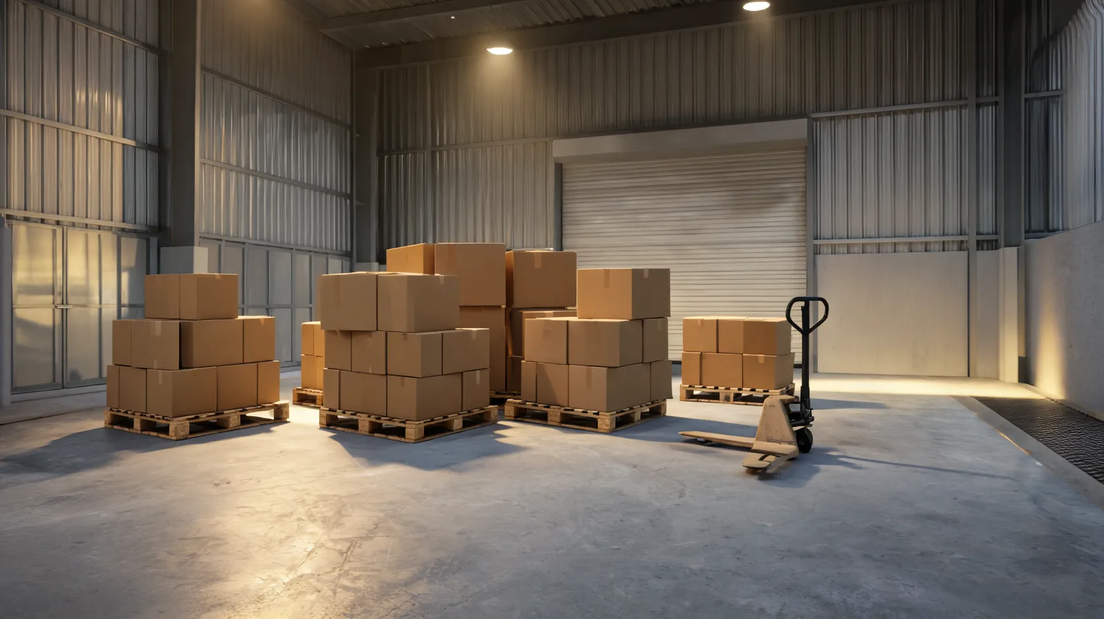 A receiving bay with labeled cartons of door hardware and fasteners staged for wholesale freight pickup.