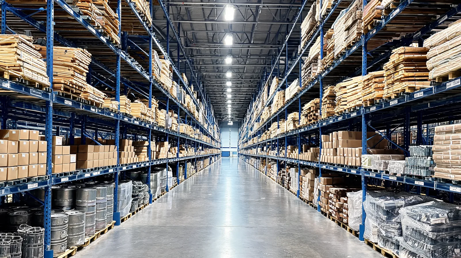 Pallet racking inside a wholesale building materials warehouse